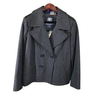 American Eagle Outfitters Mens Peacoat XL Double Breasted Plaid Quilted Gray